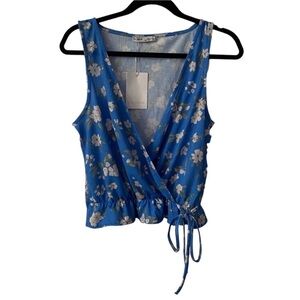 Pull & Bear Blue Floral Sleeveless Faux Wrap Top